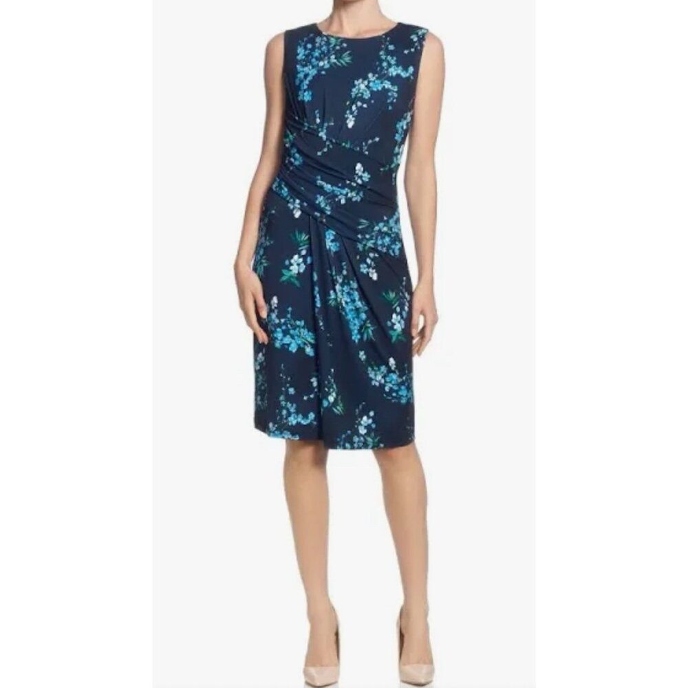 T Tahari Dress 10 Blue Floral Sleeveless Stretch Sheath Career Church Washable